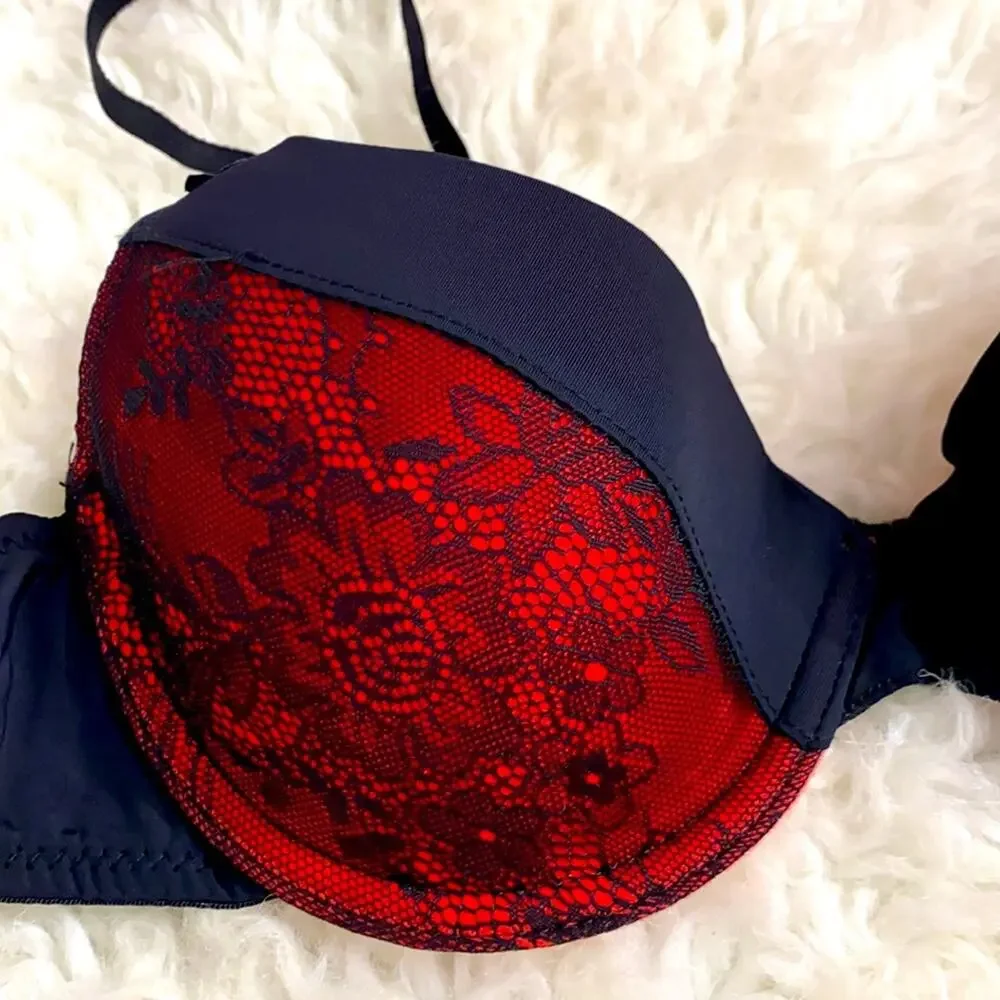 NWT Women's Juniors Joe Boxer Black Red Lace Bra Plunge 36B Straps